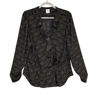 Cabi Womens Blouse Black Heart Print XL Ruffle Peplum Long Sleeve